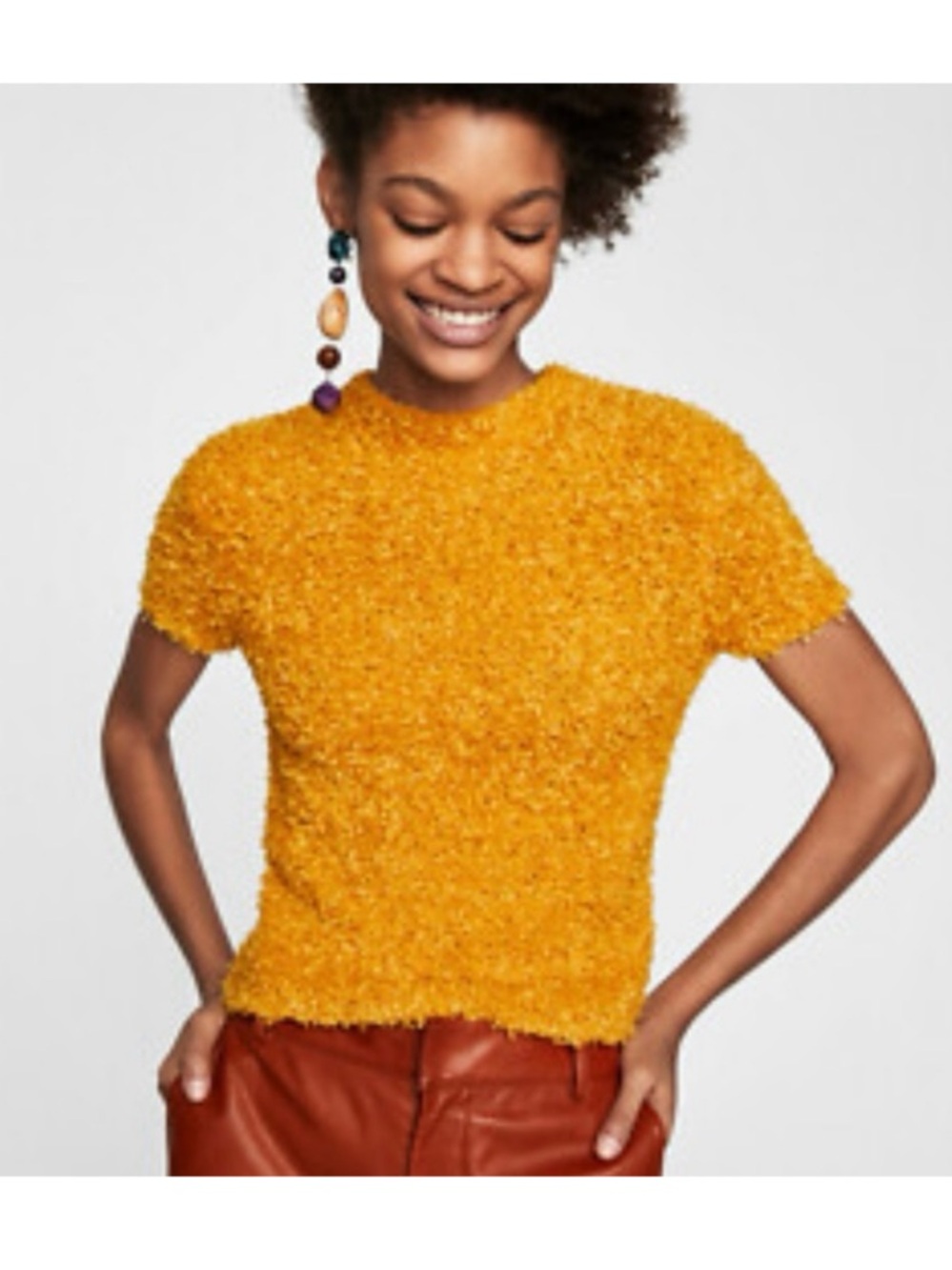 NWT Zara Orange Textured Knit Short-Sleeve Sweater Top Size M